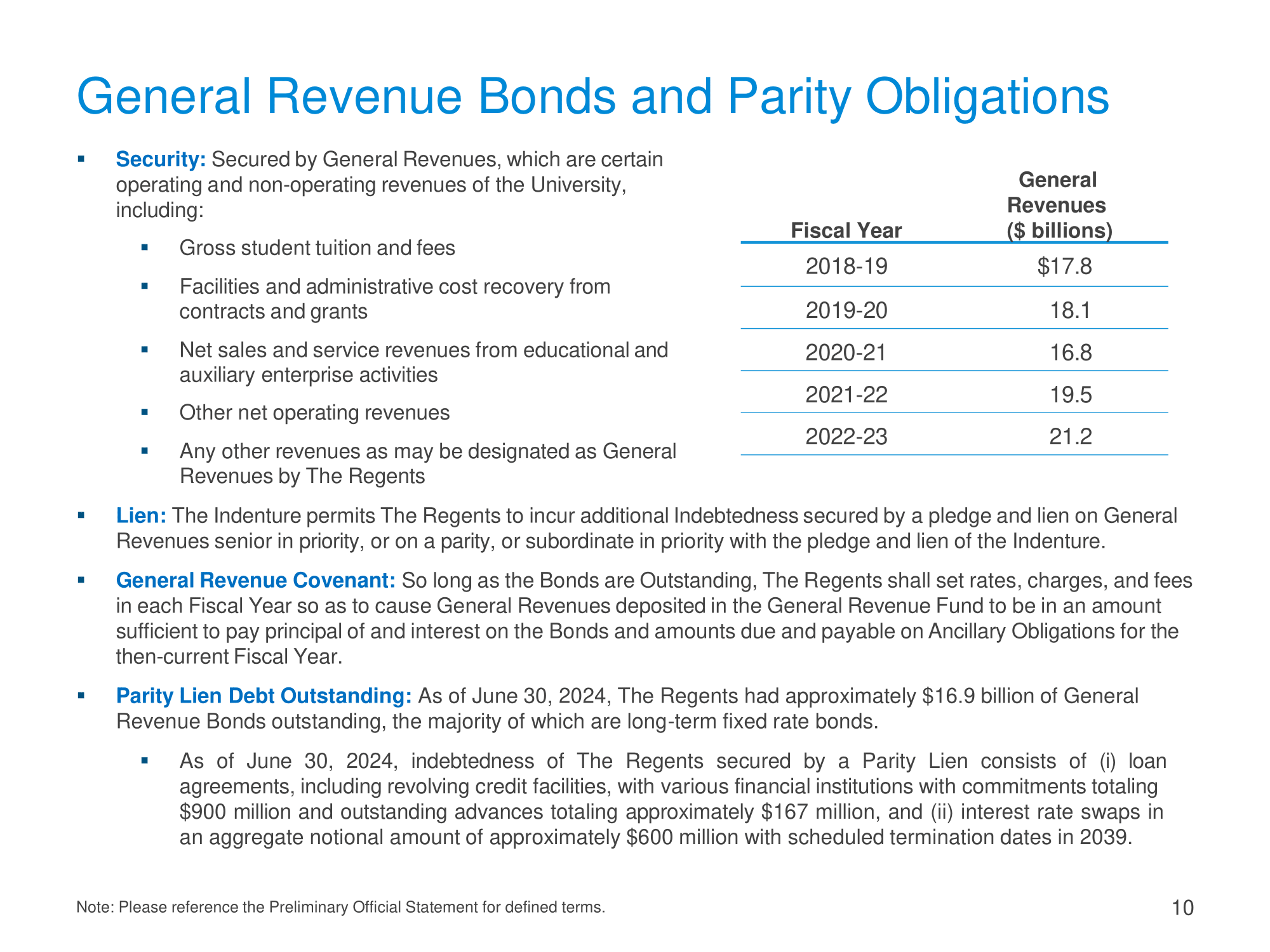 General Revenue Bonds and Parity Obligations