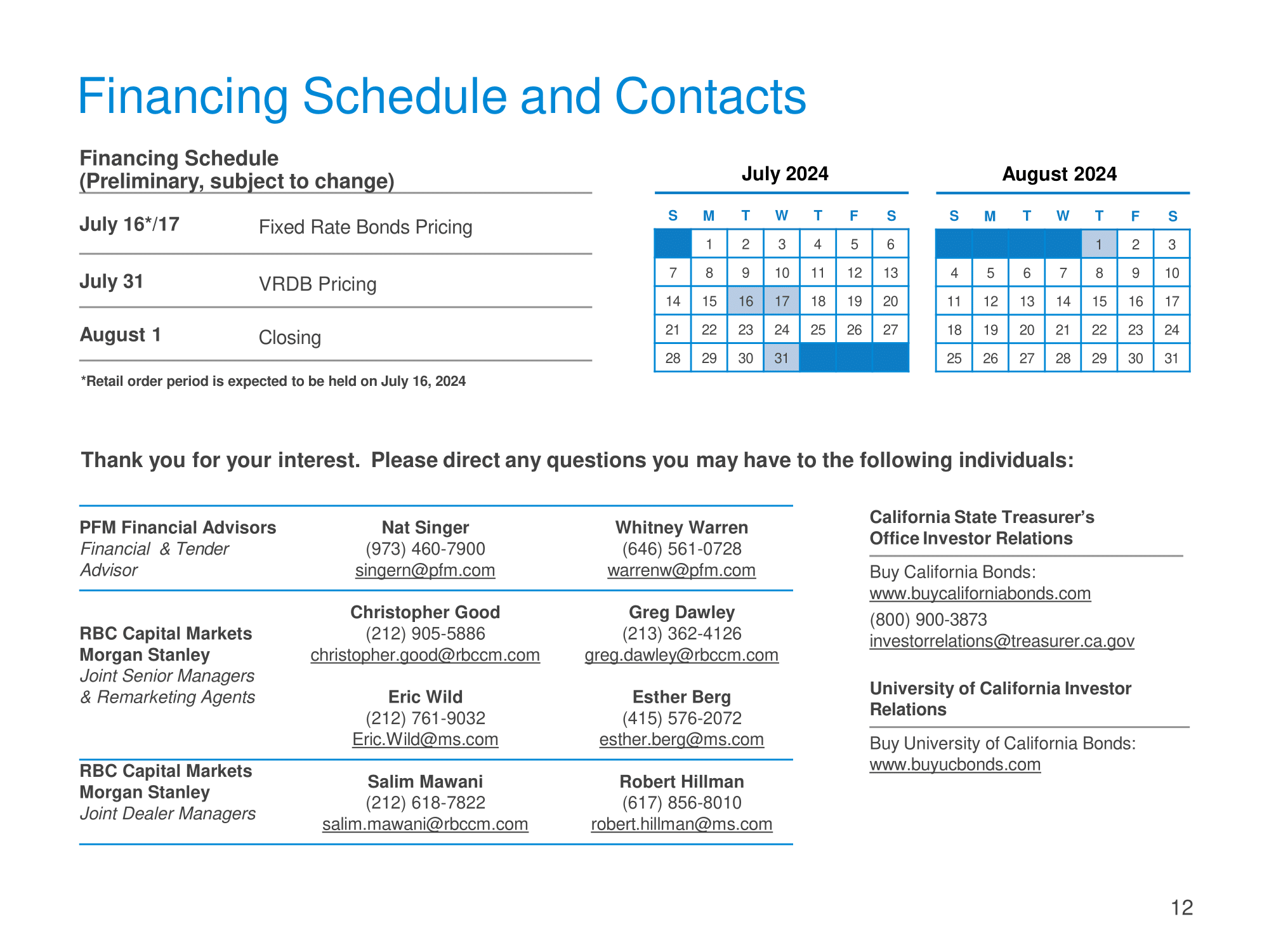 Financing Schedule and Contacts