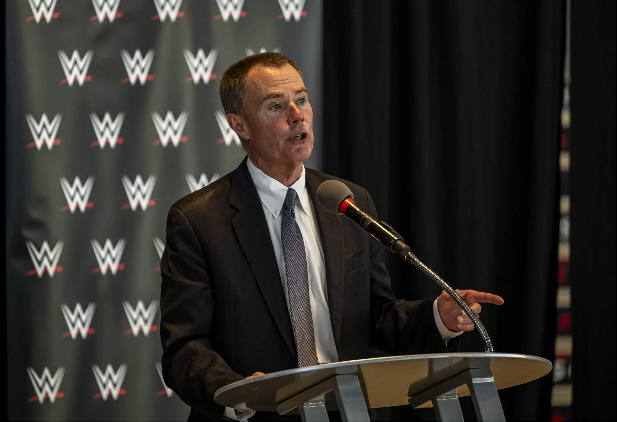 Indianapolis Mayor Joe Hogsett speaks during an announcement about a partnership with World Wrestling Entertainment on Monday June 24, 2024.