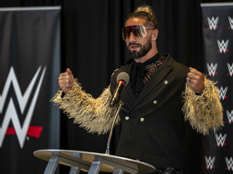 Wrestler Seth Rollins speaks during an announcement about a partnership between Indiana Sports Corp. and World Wrestling Entertainment on Monday June 24, 2024