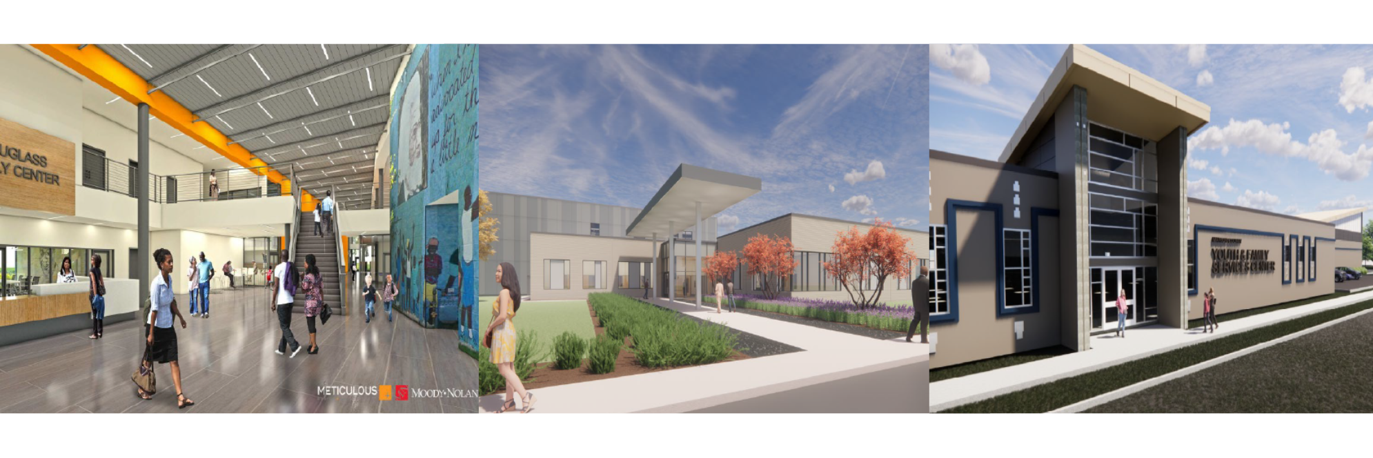 Renderings from left to right: Fredrick Douglass Park, Forensics Facility, Youth and Family Services Center