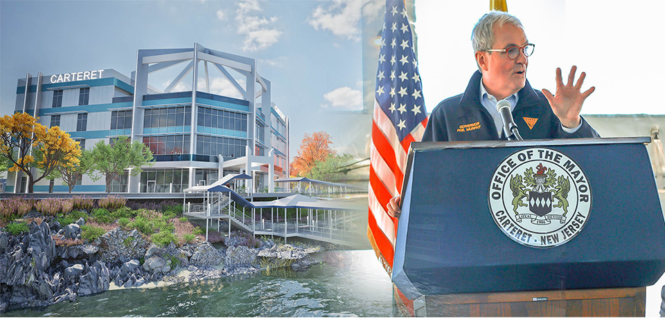 Governor Phil Murphy speaking at the Carteret Ferry Terminal Ground Breaking. Rendering of the terminal to his left.