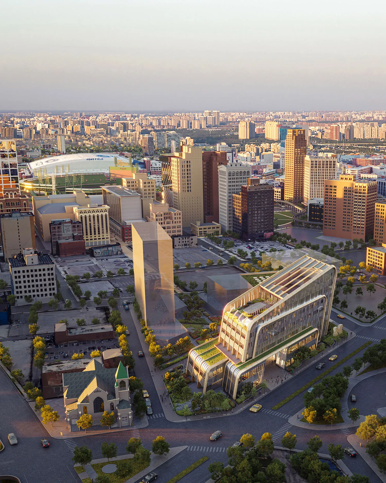 An aerial view of the UMCI (foreground) in downtown Detroit. (Drawing courtesy of Kohn Pedersen Fox)